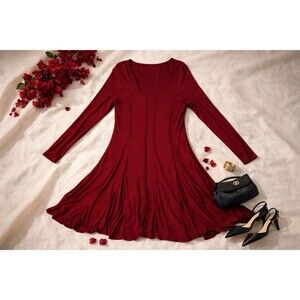 Burgundy Fit Flare Midi Dress Stretch Panel Swing Long Sleeve Soft Boho XL